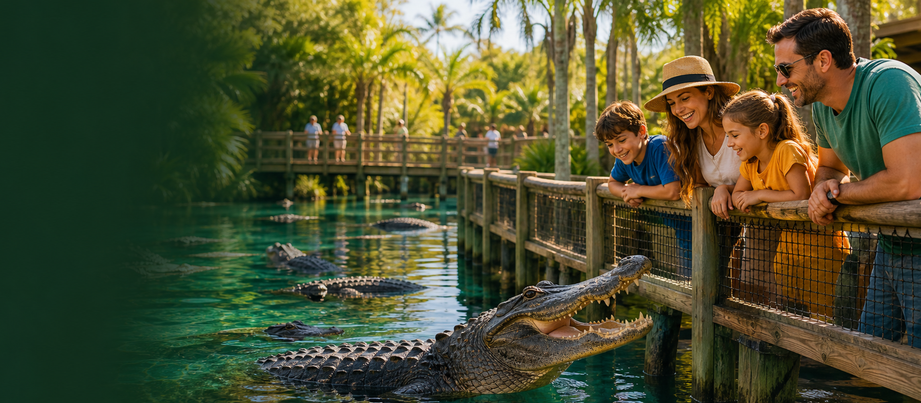 Gatorland alligator and family boardwalk scene