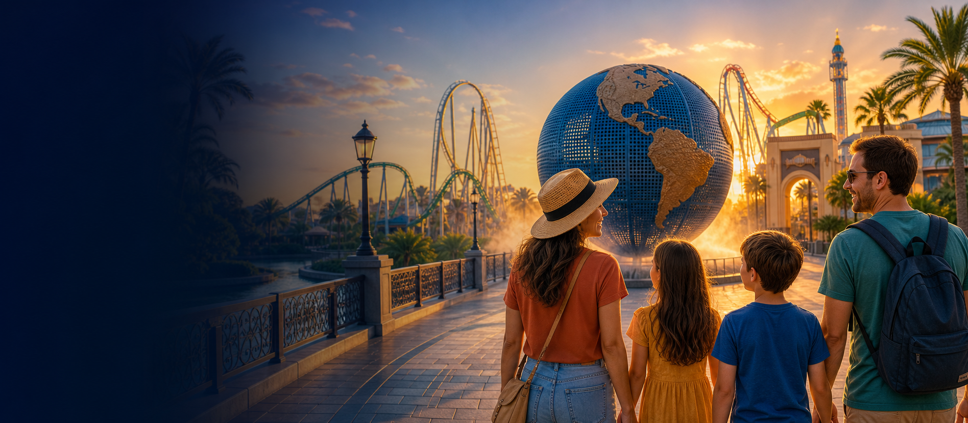 Universal Orlando-style globe, coasters and family scene