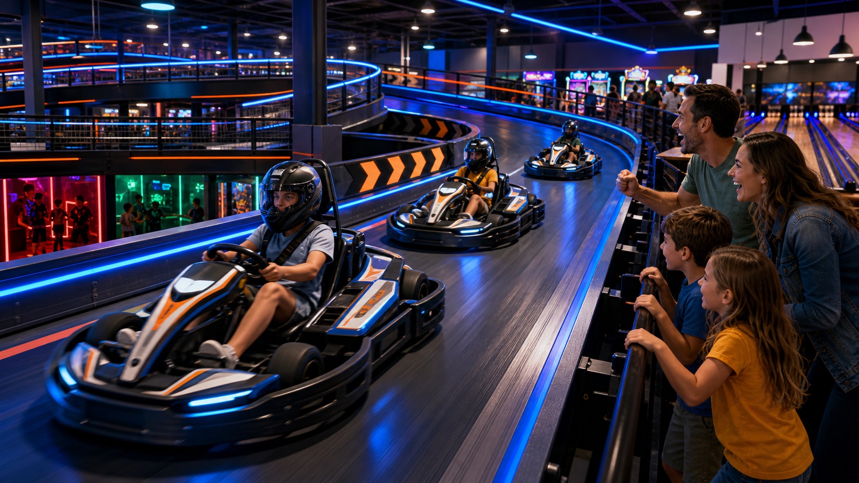 Family watching electric go-karts race on an indoor multi-level track