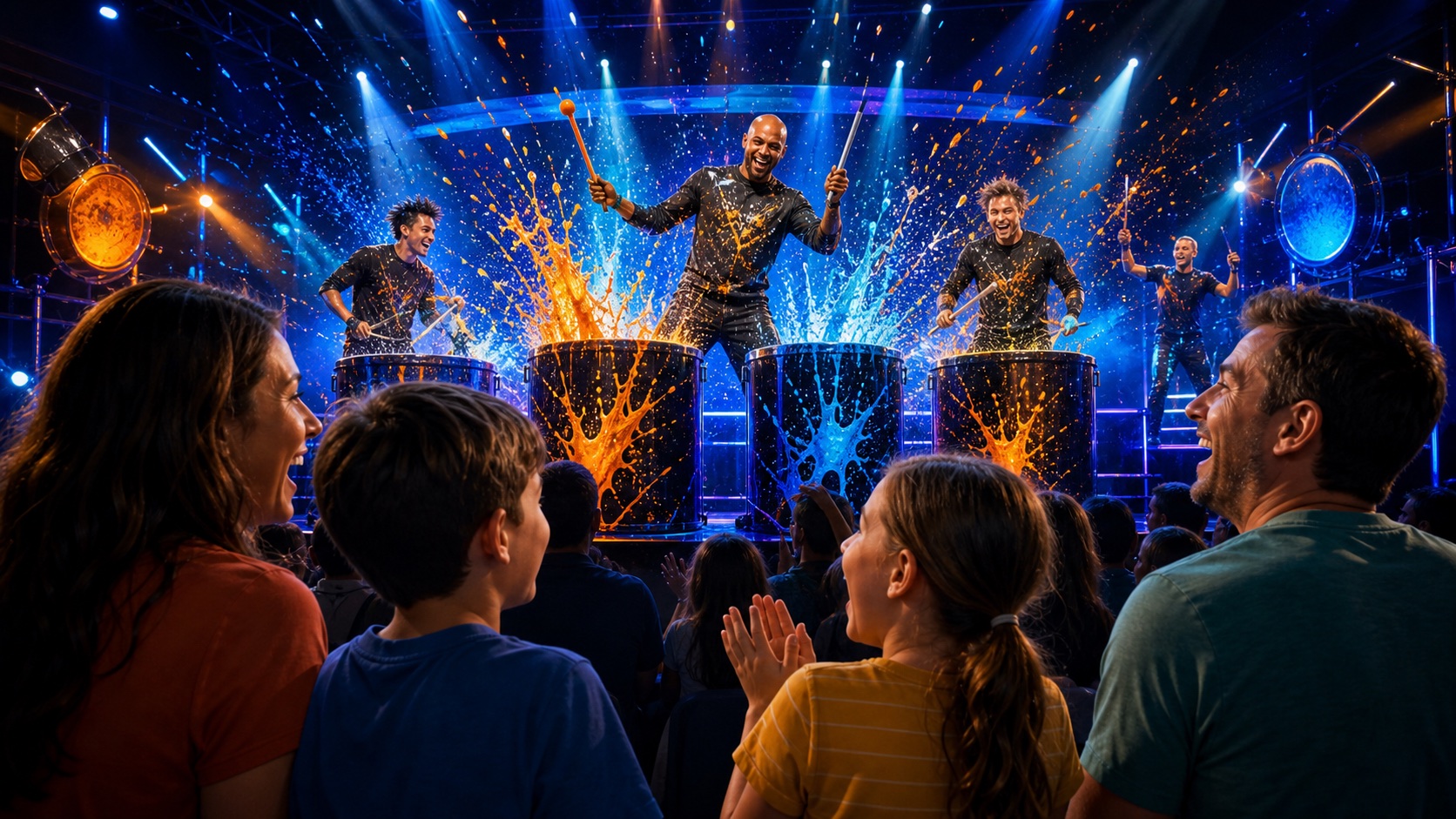 Family watching a colourful percussion-led Orlando theatre show