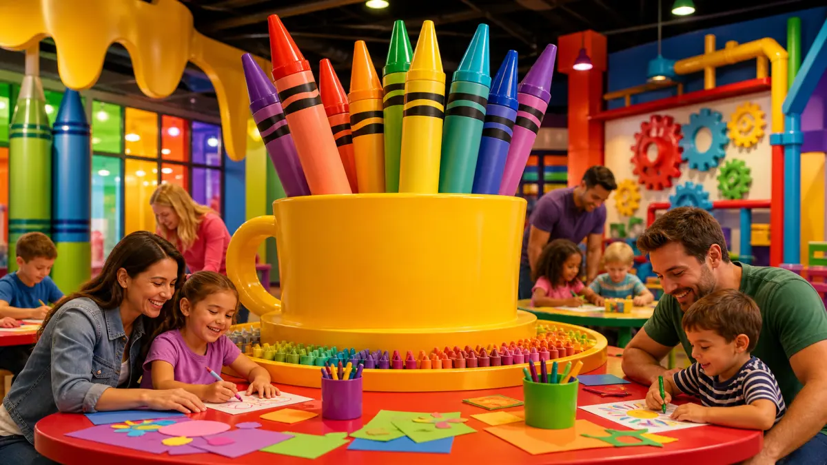 Families creating colourful artwork around oversized crayons at Crayola Experience Orlando