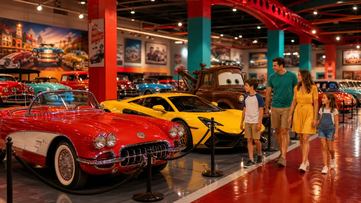 Family walking through an indoor auto museum with polished classic cars and colourful displays
