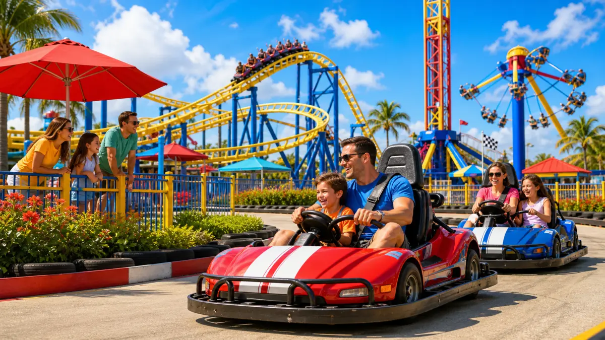 Family enjoying go-karts beside colourful Fun Spot-style coasters and sunny Orlando rides