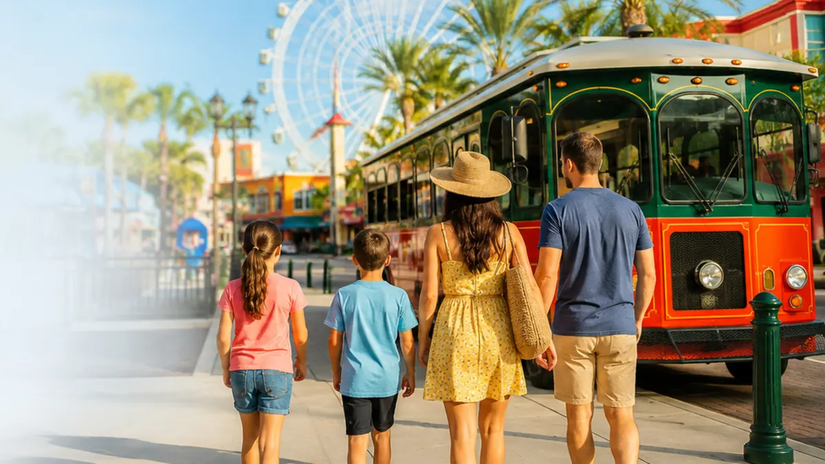 Family walking beside an I-RIDE-style trolley near International Drive attractions