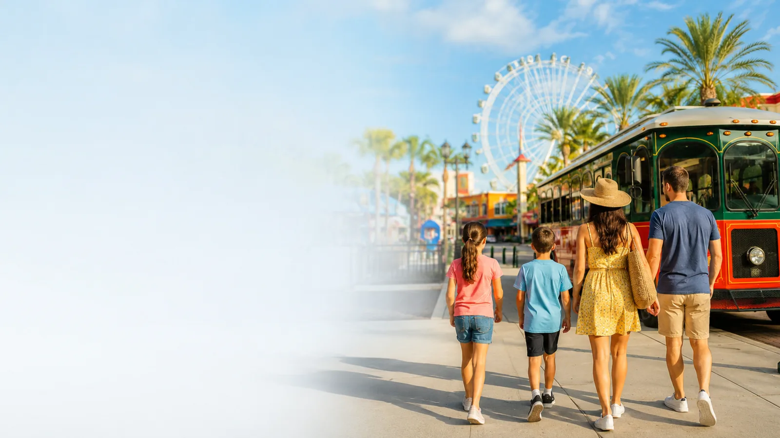 I-RIDE Trolley on International Drive Orlando with attractions in the background