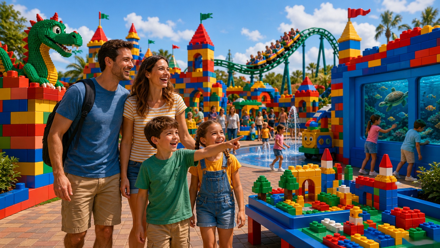 Young family exploring a colourful brick-inspired Florida theme park
