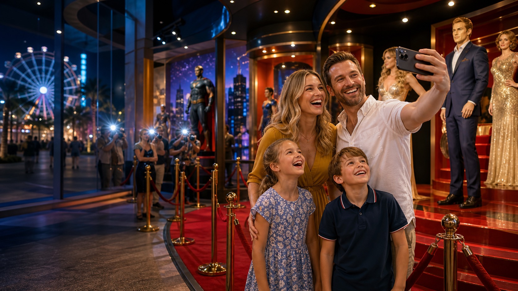 Family taking selfies in a glamorous wax-museum style attraction