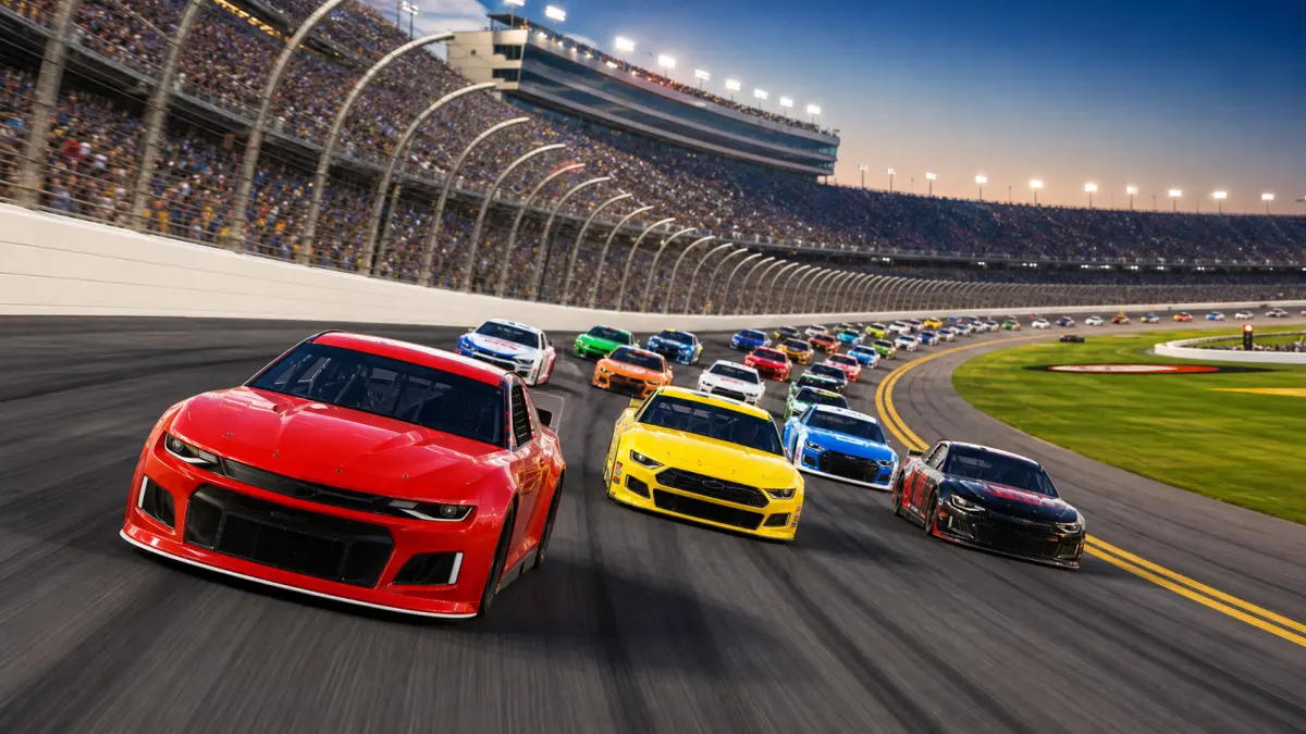 Pack of stock cars racing safely around a banked Daytona-style oval speedway