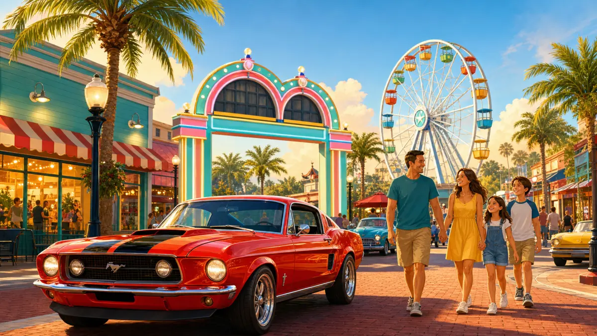 Family walking through Old Town Kissimmee with classic cars, colourful shops and a ferris wheel