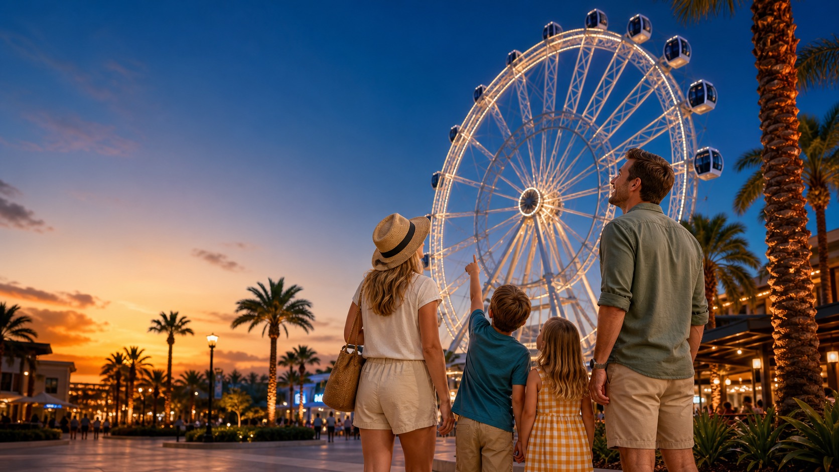 Family looking up at a large observation wheel at sunset in Orlando
