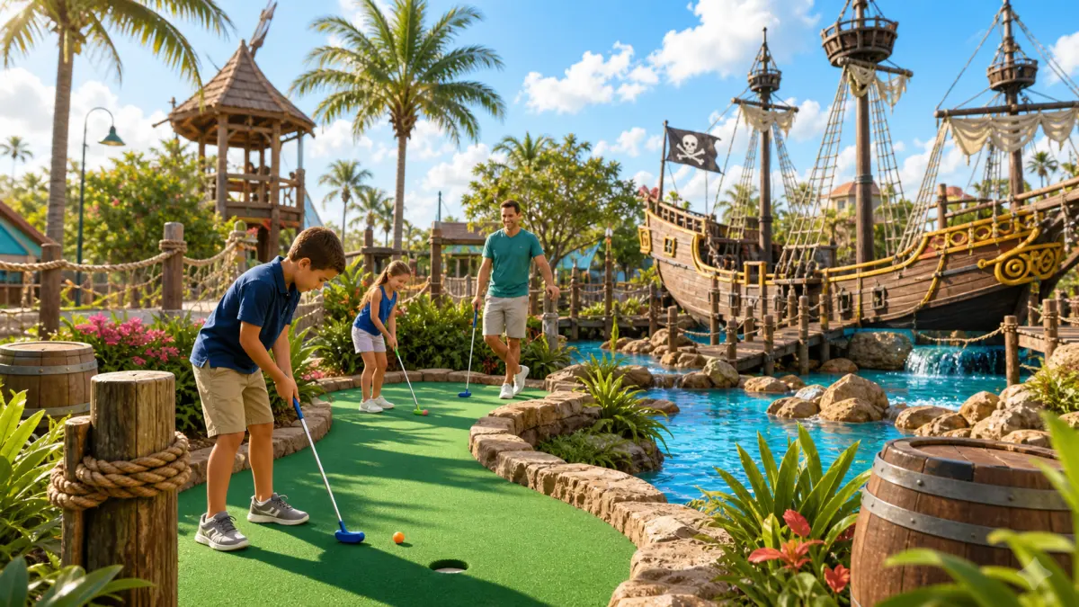 Family playing pirate-themed mini golf beside tropical planting and water features