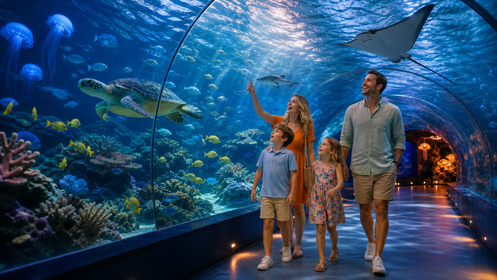 Family walking through an aquarium ocean tunnel with rays, turtles and tropical fish