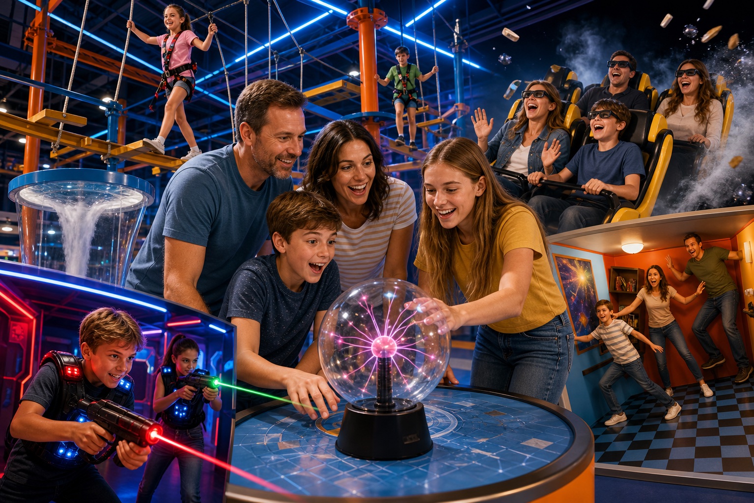 Family exploring WonderWorks-style science exhibits, laser tag and indoor ropes activities