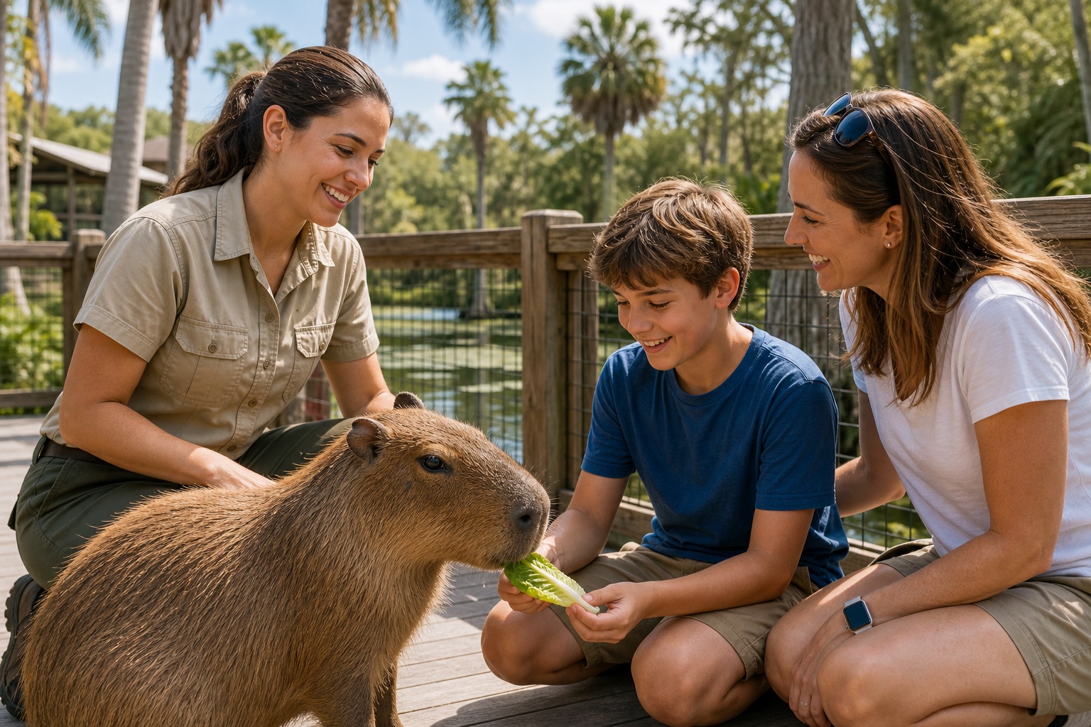 Family enjoying a supervised capybara encounter at a Florida wildlife park